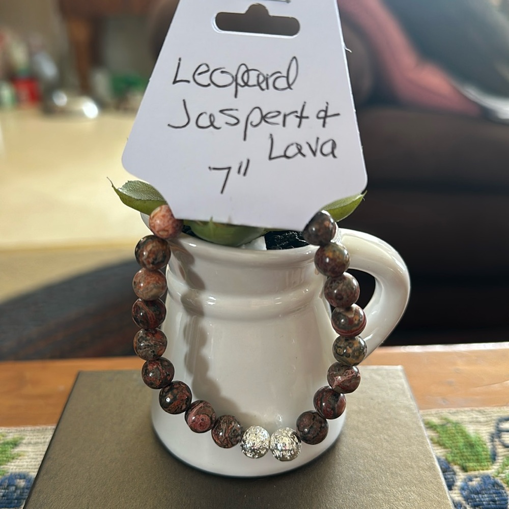 Hand Crafted Leopard Jasper and Silver Lava Stretch Bracelet